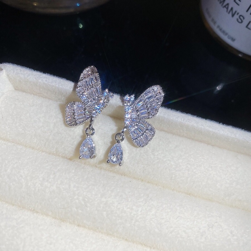 Sterling Silver Butterfly Drop Earrings - Silver CZ Accent